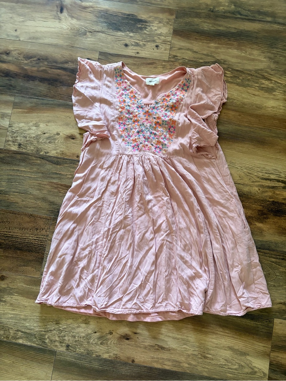 Soft Pink Embroidered Flutter-Sleeve Mini Dress